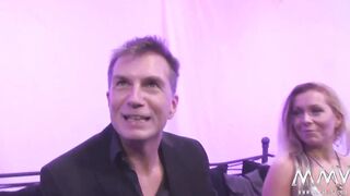 Euro Bombshell inside fishnets takes two long dicks inside three way