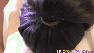 Petite skinny Asian sucks cock in POV and offers wet pussy