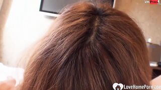 oriental Cutie sucks a pulsating cock in point of watch