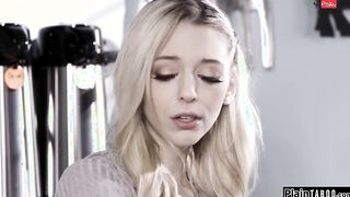 Slim blonde help customer while shes rimmed behind counter