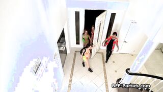 Busty bikini babes celebrating heist on dick
