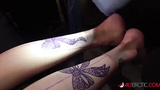 Big Boobed tattooed blonde gets a new tattoo and 2 long cocks