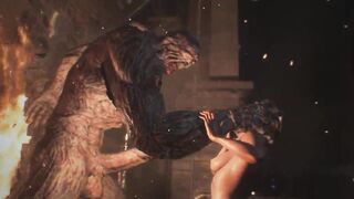 A nude women runs away from an excited monster. 3d