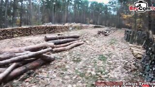 Cummed outdoors in forest with german amateur MILF glasses