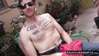 Outdoor solo wanking show with hairy deviant stud