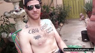 Outdoor solo wanking show with hairy deviant stud