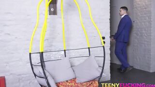 Flat chested young blonde with small tits gets cum in mouth