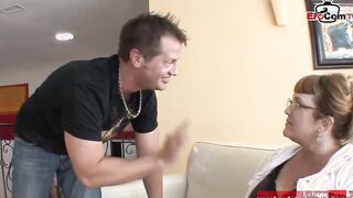 Husband fucks a thin blonde teens inside front of his