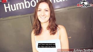 Skinny dark haired teen Yo with small titted during a public POV
