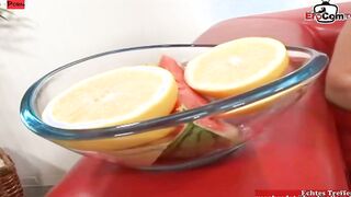 Dark Haired food fetish cunt with mouth play with her feet during sex