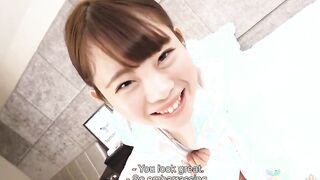 Cafe worker Yuko Mukai plays dressup in a uniform for us
