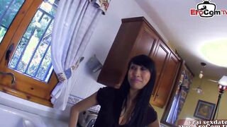 French slender Asian 19 year mature plowed anal in kitchen with small