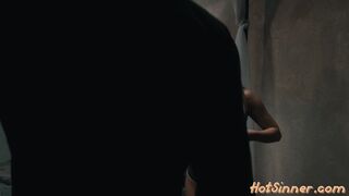 Busty lesbian eating petite babes pussy