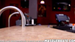 Big cocked muscular hunk bartender wanking off hard