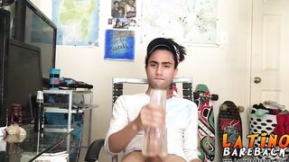 Tattooed Latino twink tugging and wanking his big fat cock