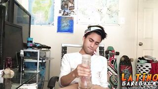 Tattooed Latino twink tugging and wanking his big fat cock