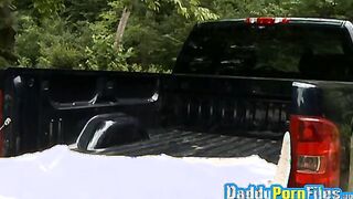 Hardcore fuck on the back of a hatchback with daddy hunk