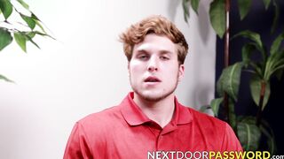 Cute young man grabs his big throbbing dick and masturbates