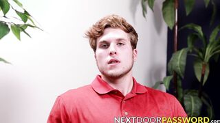 Cute young man grabs his big throbbing dick and masturbates