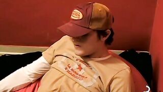 Dark haired Kevin masturbates after pushing dildo in own ass