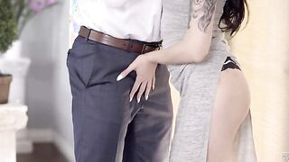 Canadian Bombshell Marley Brinx is ready to seduce as she lets Johnny Castle peek at her braless titties and her