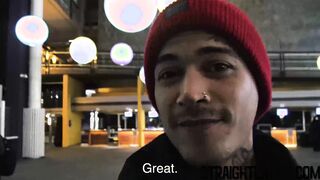 Inked straight latino bareback before black stud facial