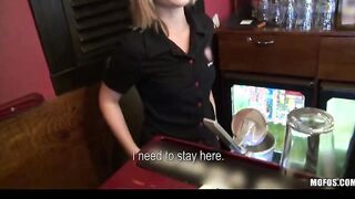 Perfect Goddess blonde bartender is talked inside having sex at work