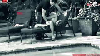 Long Tit blonde slut seduced by the pool for outside sex