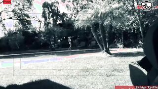 Long Tit blonde slut seduced by the pool for outside sex