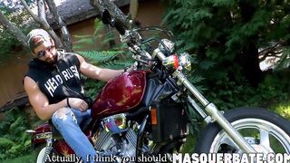 Zack is bearded muscular biker who is jerking off outdoors