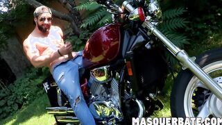 Zack is bearded muscular biker who is jerking off outdoors