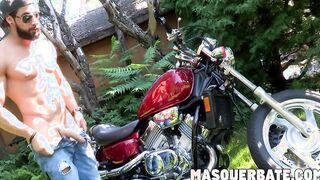 Zack is bearded muscular biker who is jerking off outdoors