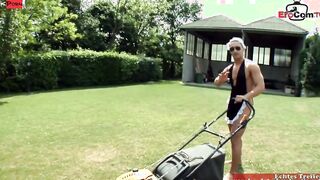 Slender dark hair MILF with small tits get outside cummed