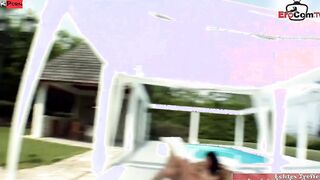 Slender dark hair MILF with small tits get outside cummed