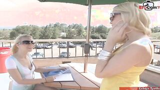 Thin tattooed blonde lesbians having strap-on sex