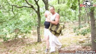 German blonde chubby old MILF with natural hooters fucked outdoors inside forest