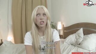 Slim blonde with tiny jugs getting a cumshot at the casting