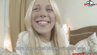 Slim blonde with tiny jugs getting a cumshot at the casting