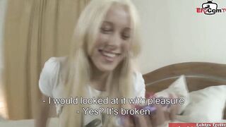 Slim blonde with tiny jugs getting a cumshot at the casting