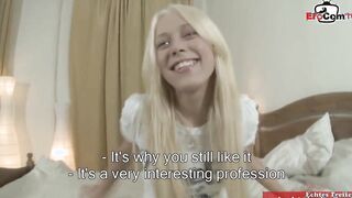 Slim blonde with tiny jugs getting a cumshot at the casting