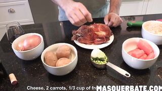 Big cocked hunk wanks his massive cock after he cooks a meal