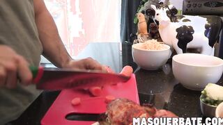 Big cocked hunk wanks his massive cock after he cooks a meal