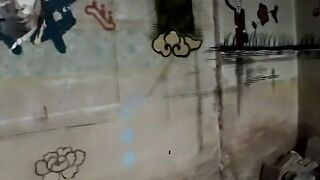Big dick stud jerking off solo and pissing on himself
