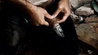 Big dick stud jerking off solo and pissing on himself