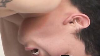 Cock riding Latin twink blasts out cum while being fucked