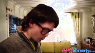 Buxom lady tricked into sucking dick by a nerdy producer
