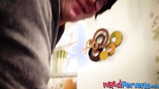Buxom lady tricked into sucking dick by a nerdy producer