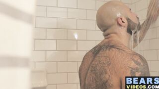 Bear washes his furry body and spanks his thick monkey