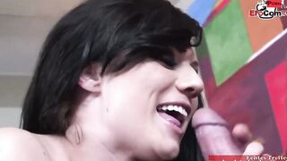 Black haired secretary with small natural melons getting a mouth jizzed from the boss