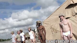 Military morning drill includes bareback sex and blowjobs